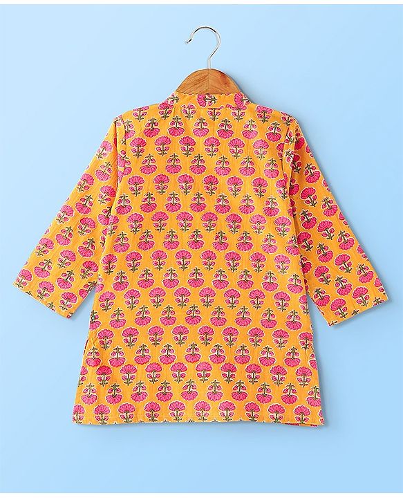 Babyhug 100% Cotton Woven Full Sleeves Floral Printed Kurta & Dhoti Set - Mustard Yellow