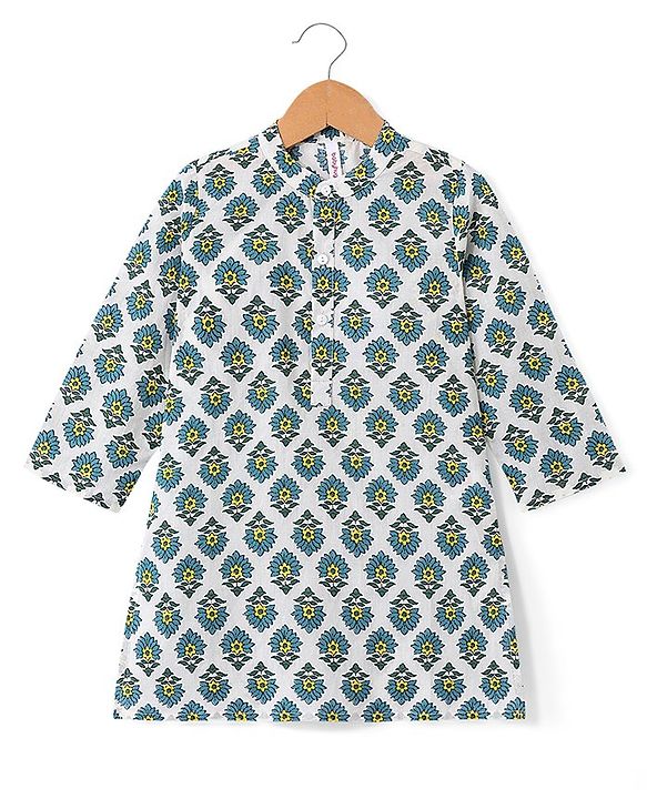 Babyhug 100% Cambric Full Sleeve Printed Kurta With Solid Dhoti Set - White