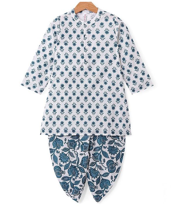 Babyhug 100% Cambric Full Sleeve Printed Dhoti Kurta Set - White