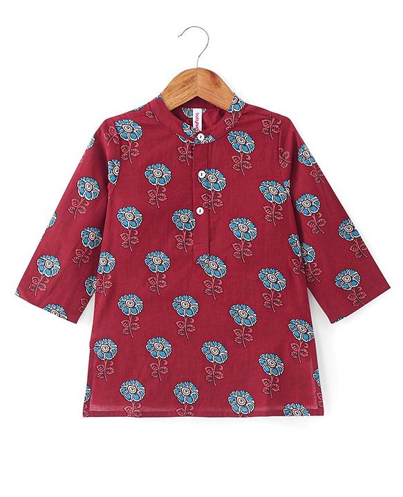 Babyhug 100% Cambric Full Sleeve Printed Kurta With Solid Dhoti Set - Maroon
