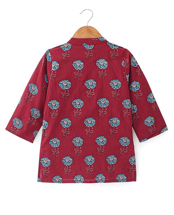 Babyhug 100% Cambric Full Sleeve Printed Kurta With Solid Dhoti Set - Maroon