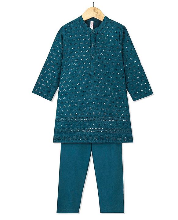 Babyhug Full Sleeves Sequined Embroidered Kurta with Pyjama Set - Teal Blue