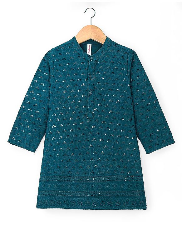 Babyhug Full Sleeves Sequined Embroidered Kurta with Pyjama Set - Teal Blue