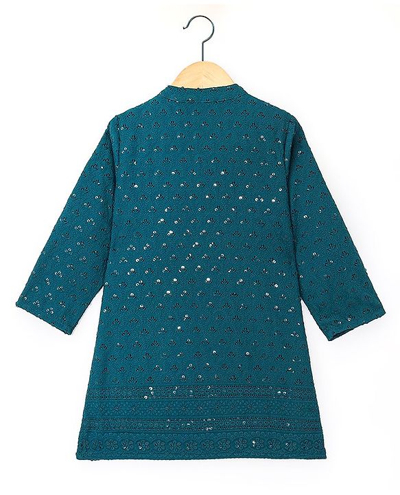 Babyhug Full Sleeves Sequined Embroidered Kurta with Pyjama Set - Teal Blue