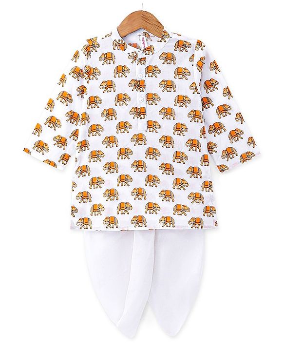 Babyhug 100% Cambric Full Sleeve Elephant Printed Kurta With Solid Dhoti Set - White