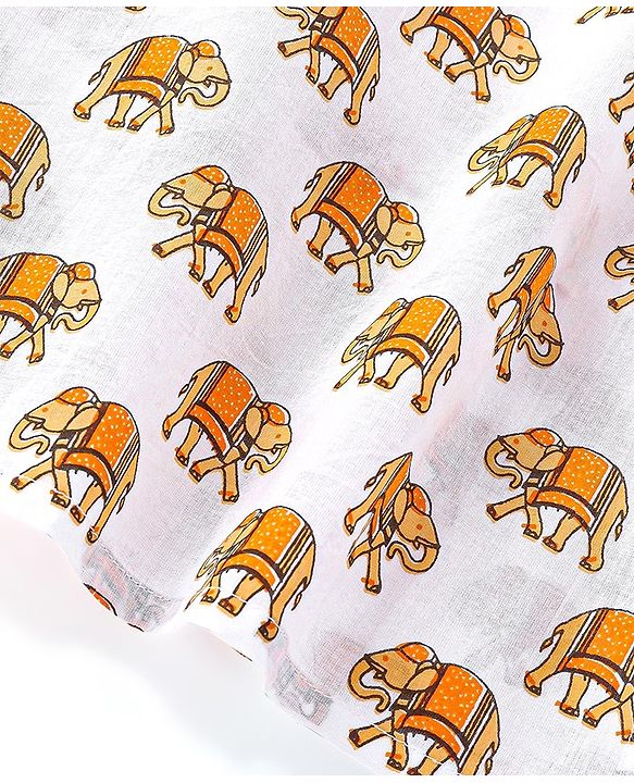 Babyhug 100% Cambric Full Sleeve Elephant Printed Kurta With Solid Dhoti Set - White