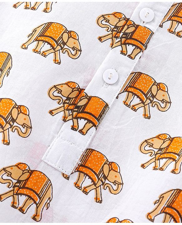 Babyhug 100% Cambric Full Sleeve Elephant Printed Kurta With Solid Dhoti Set - White