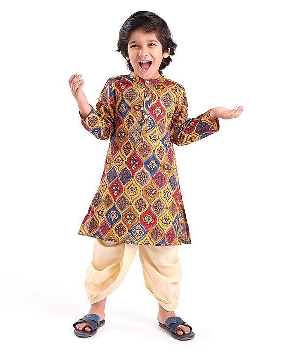 Babyhug 100% Cambric Full Sleeve Printed Kurta With Solid Dhoti Set - Multicolor