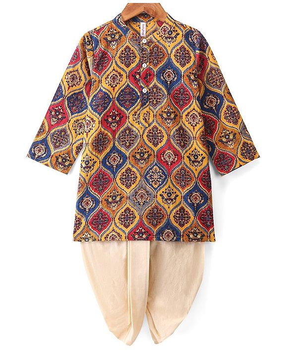 Babyhug 100% Cambric Full Sleeve Printed Kurta With Solid Dhoti Set - Multicolor