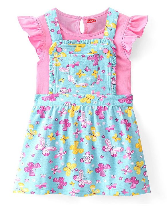 Babyhug Single Jersey Knit Butterfly Printed Frock with Short Sleeves Inner Tee - Blue & Pink