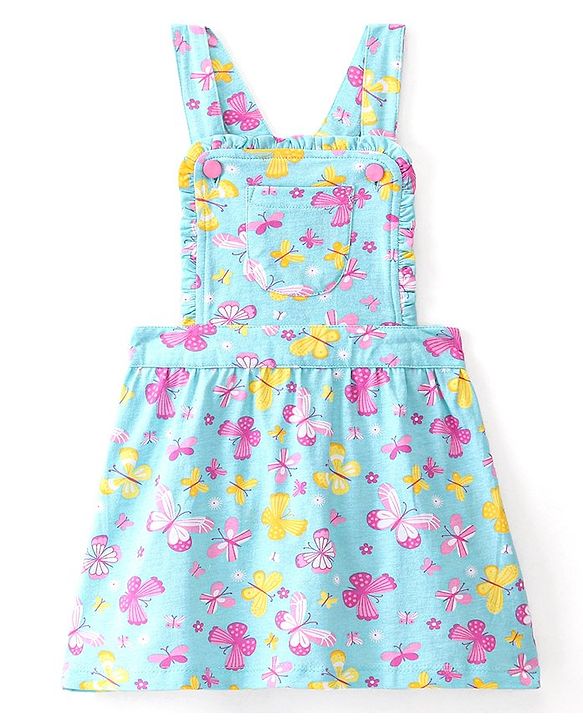 Babyhug Single Jersey Knit Butterfly Printed Frock with Short Sleeves Inner Tee - Blue & Pink