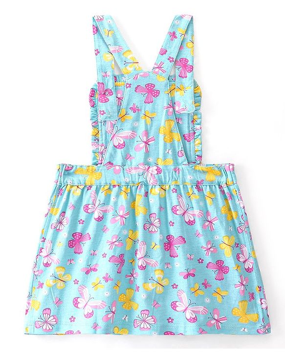 Babyhug Single Jersey Knit Butterfly Printed Frock with Short Sleeves Inner Tee - Blue & Pink