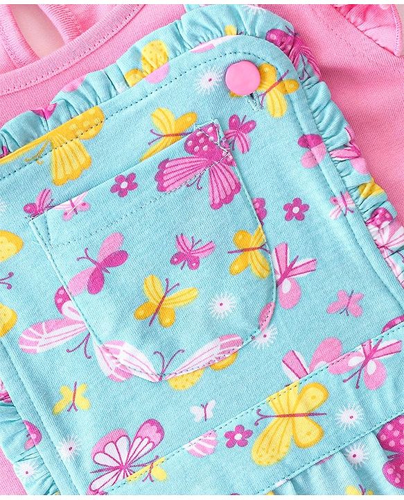 Babyhug Single Jersey Knit Butterfly Printed Frock with Short Sleeves Inner Tee - Blue & Pink