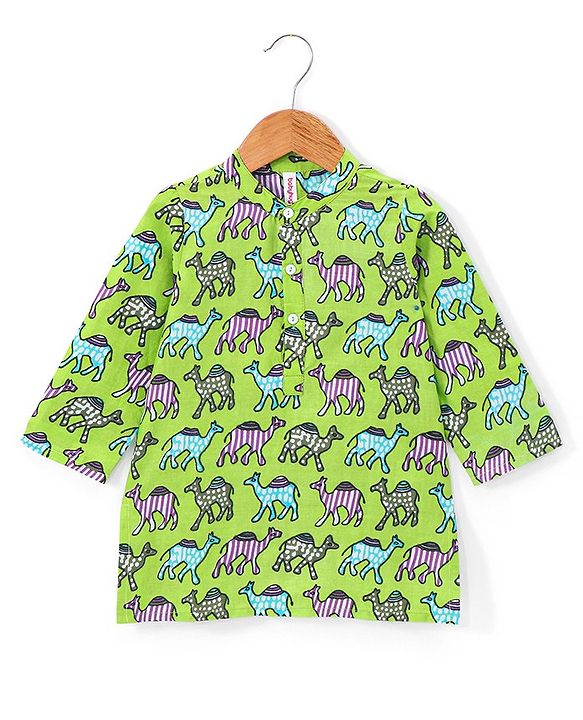 Babyhug Cotton Woven Full Sleeves Camel Printed Kurta Pyjama Set - Green