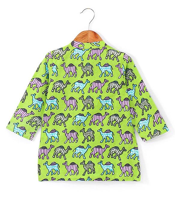 Babyhug Cotton Woven Full Sleeves Camel Printed Kurta Pyjama Set - Green