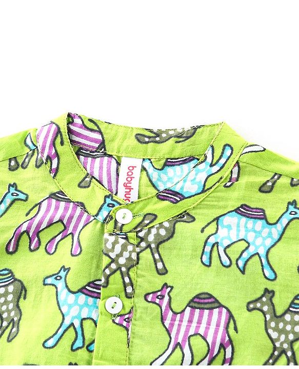 Babyhug Cotton Woven Full Sleeves Camel Printed Kurta Pyjama Set - Green