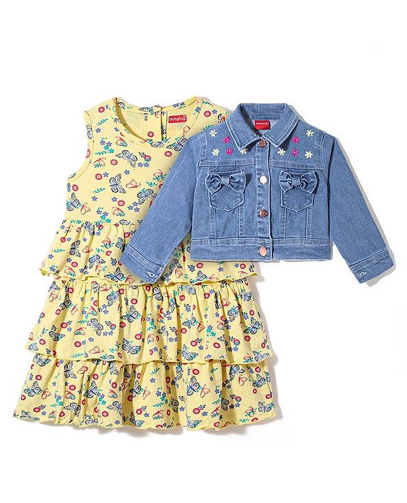 Babyhug 100% Cotton Knit Butterfly Printed Frock with Full Sleeves Denim Jacket - Yellow