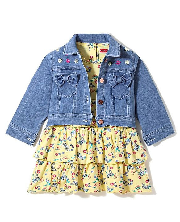 Babyhug 100% Cotton Knit Butterfly Printed Frock with Full Sleeves Denim Jacket - Yellow