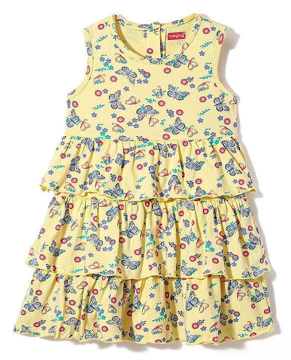 Babyhug 100% Cotton Knit Butterfly Printed Frock with Full Sleeves Denim Jacket - Yellow
