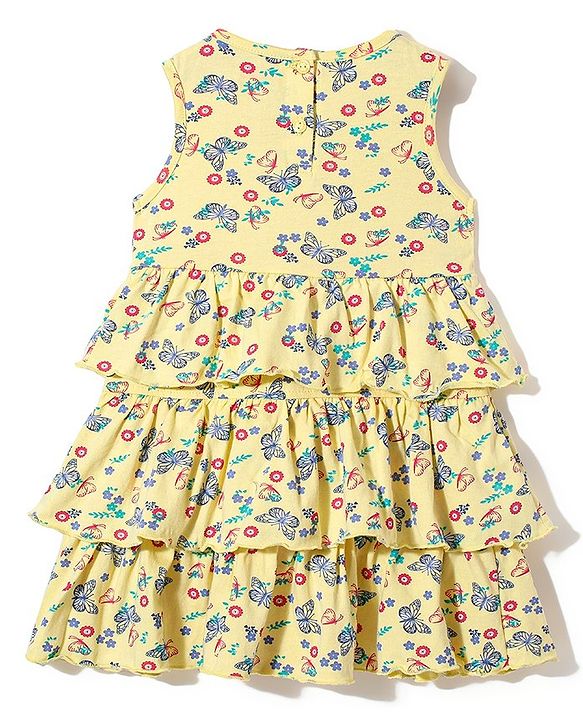 Babyhug 100% Cotton Knit Butterfly Printed Frock with Full Sleeves Denim Jacket - Yellow