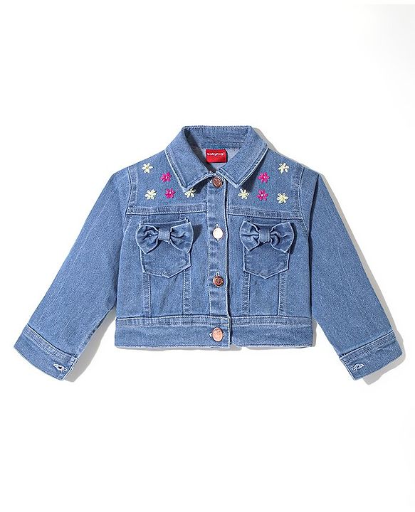 Babyhug 100% Cotton Knit Butterfly Printed Frock with Full Sleeves Denim Jacket - Yellow