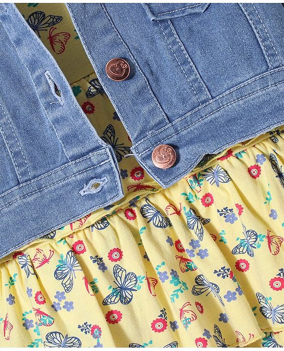 Babyhug 100% Cotton Knit Butterfly Printed Frock with Full Sleeves Denim Jacket - Yellow