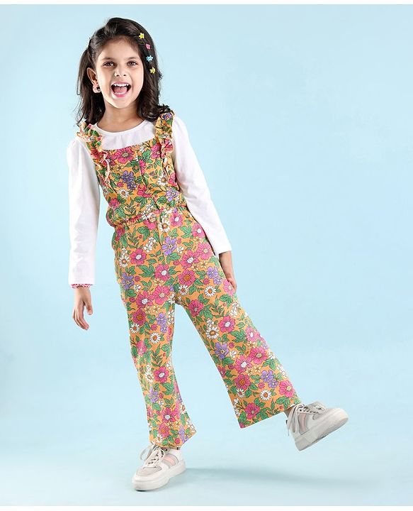 Babyhug Cotton Woven Single Jersey Floral Printed Dungaree and Full Sleeves T-Shirt - Multicolour