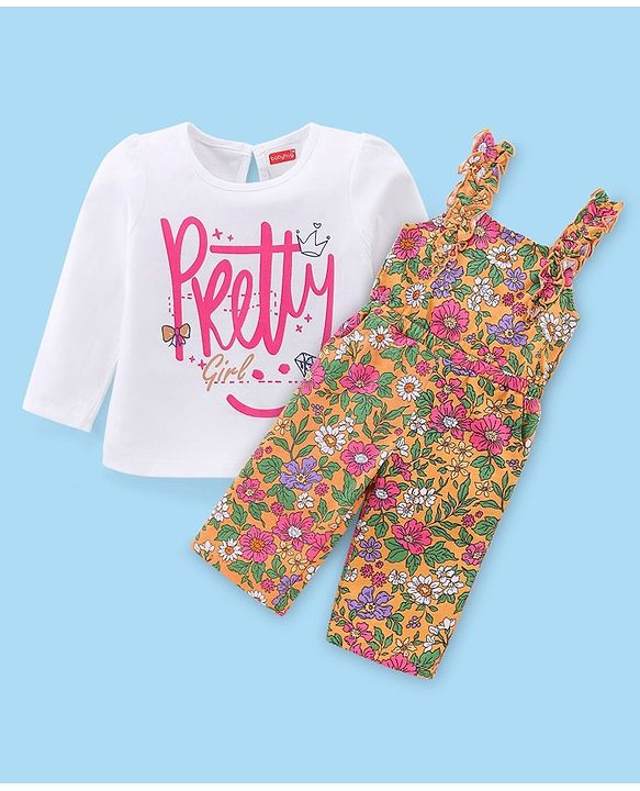 Babyhug Cotton Woven Single Jersey Floral Printed Dungaree and Full Sleeves T-Shirt - Multicolour