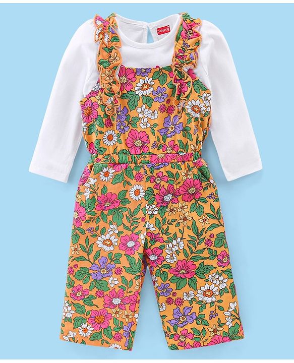 Babyhug Cotton Woven Single Jersey Floral Printed Dungaree and Full Sleeves T-Shirt - Multicolour