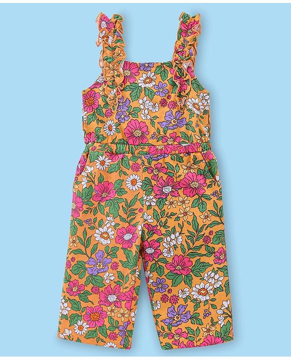 Babyhug Cotton Woven Single Jersey Floral Printed Dungaree and Full Sleeves T-Shirt - Multicolour