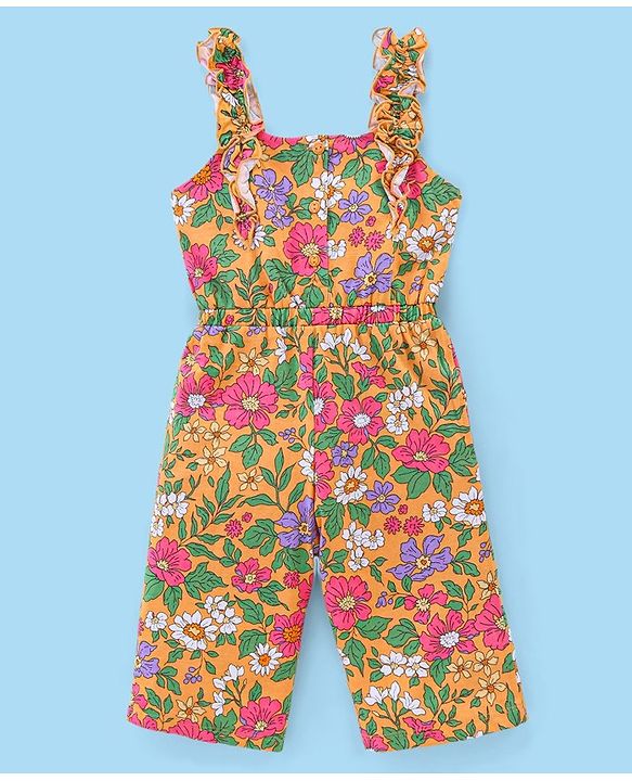 Babyhug Cotton Woven Single Jersey Floral Printed Dungaree and Full Sleeves T-Shirt - Multicolour
