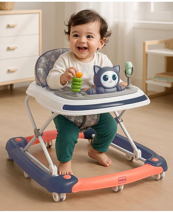 Babyhug Bunny Face 2 In 1 Walker Cum Rocker With 3 Level Adjustable Height & Musical Play Tray With Light -Blue| Adjustable Soft Cushion Seat| Smooth Swivel Wheels| Removable Toy Tray| Compact Fold