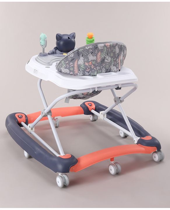Babyhug Bunny Face 2 In 1 Walker Cum Rocker With 3 Level Adjustable Height & Musical Play Tray With Light -Blue| Adjustable Soft Cushion Seat| Smooth Swivel Wheels| Removable Toy Tray| Compact Fold