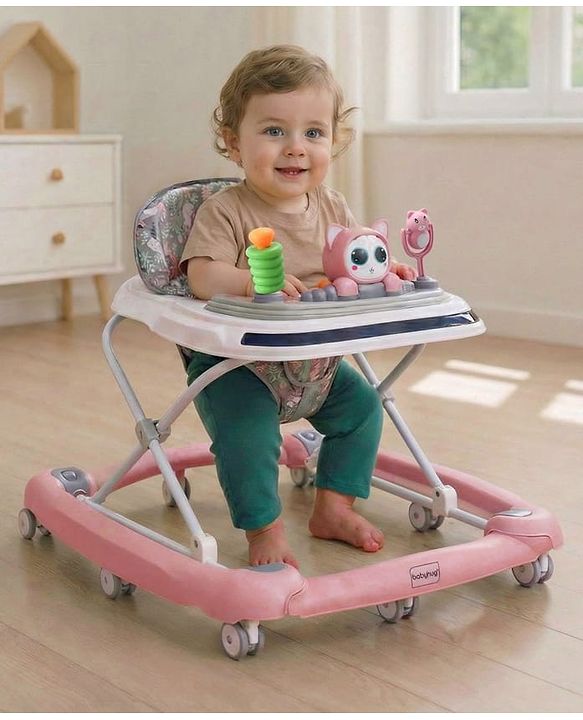 Babyhug Bunny Face 2 In 1 Walker Cum Rocker With 3 Level Adjustable Height & Musical Play Tray With Light -Blue| Adjustable Soft Cushion Seat| Smooth Swivel Wheels| Removable Toy Tray| Compact Fold