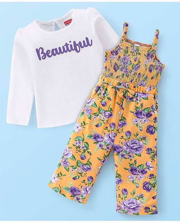 Babyhug 100% Cotton Knit Full Sleeves T-Shirt & Dungaree With Floral Print - Yellow & Purple
