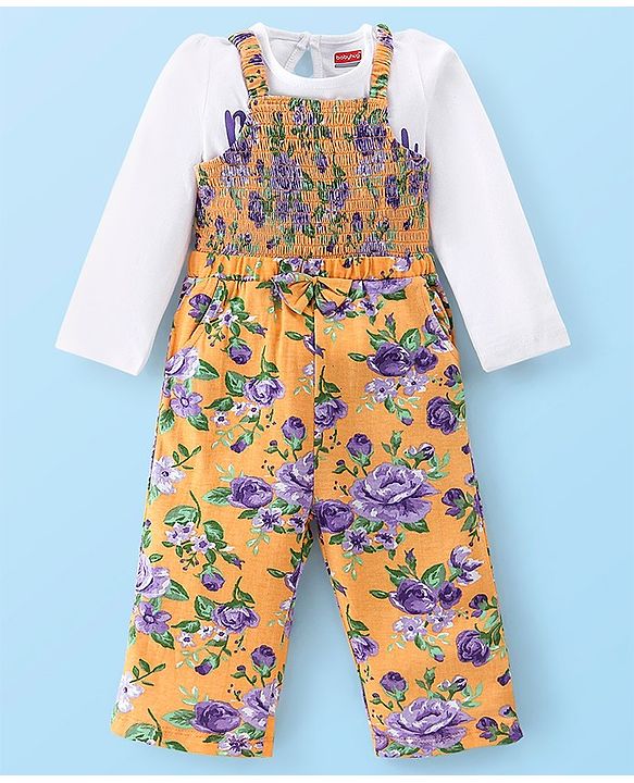 Babyhug 100% Cotton Knit Full Sleeves T-Shirt & Dungaree With Floral Print - Yellow & Purple
