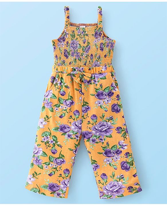 Babyhug 100% Cotton Knit Full Sleeves T-Shirt & Dungaree With Floral Print - Yellow & Purple