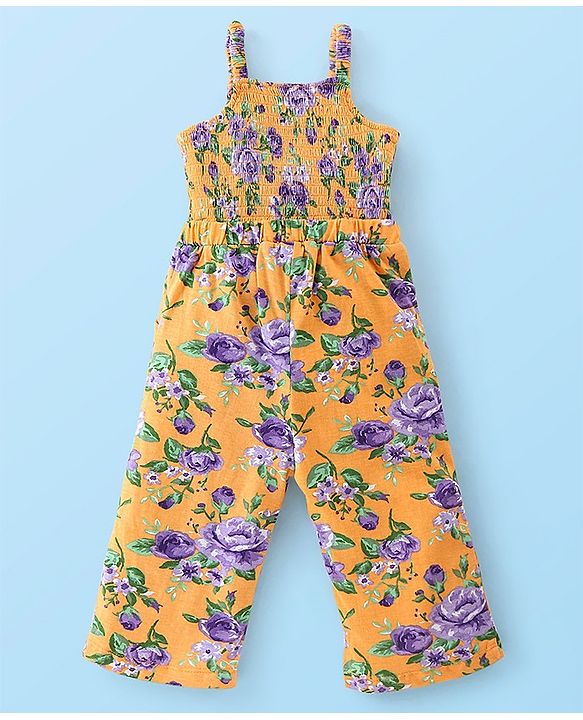 Babyhug 100% Cotton Knit Full Sleeves T-Shirt & Dungaree With Floral Print - Yellow & Purple