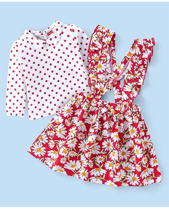 Babyhug Cotton  Knit Full Sleeves Top with Skirt Floral  Printed - Red
