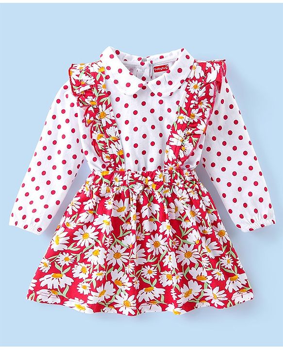 Babyhug Cotton  Knit Full Sleeves Top with Skirt Floral  Printed - Red