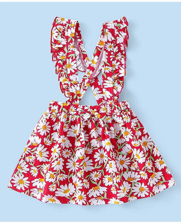 Babyhug Cotton  Knit Full Sleeves Top with Skirt Floral  Printed - Red