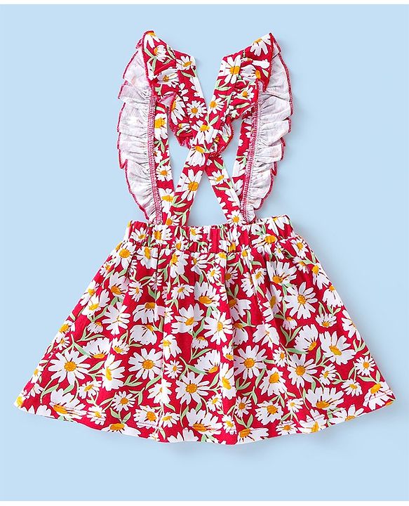 Babyhug Cotton  Knit Full Sleeves Top with Skirt Floral  Printed - Red