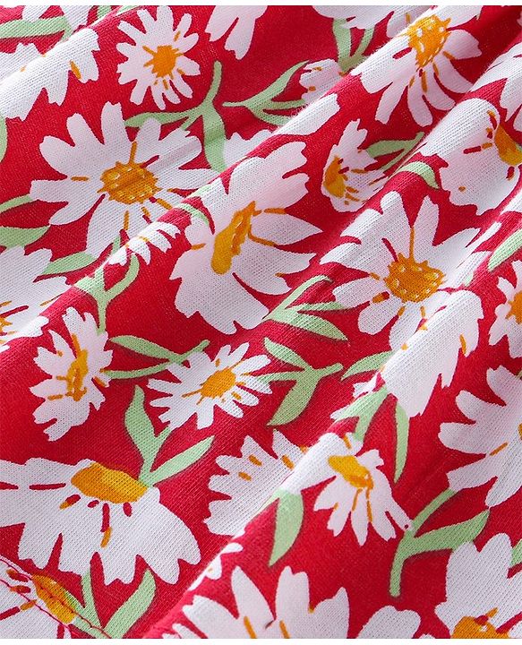 Babyhug Cotton  Knit Full Sleeves Top with Skirt Floral  Printed - Red