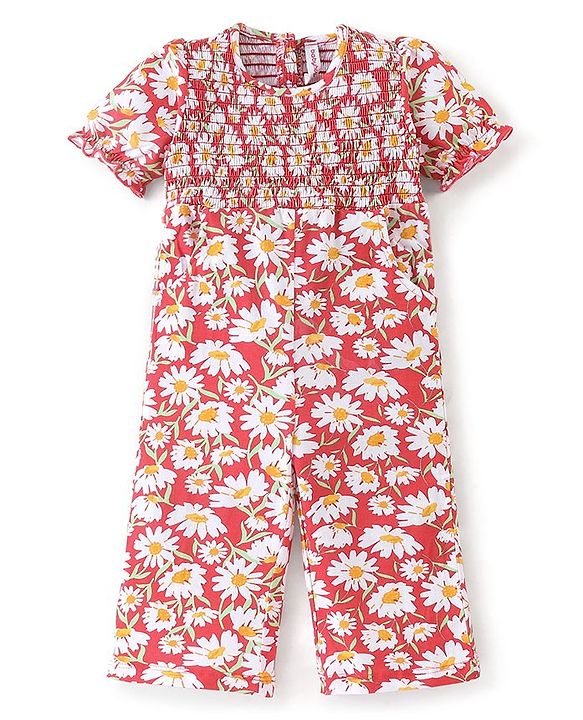 Babyhug 100% Cotton Knit Half Sleeves Jumpsuit with Floral Print - Red
