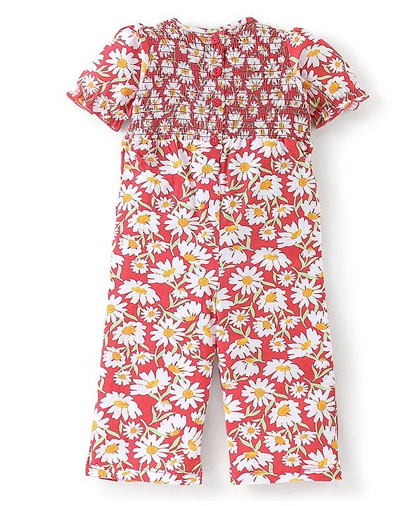 Babyhug 100% Cotton Knit Half Sleeveless Jumpsuit with Floral Print - Red