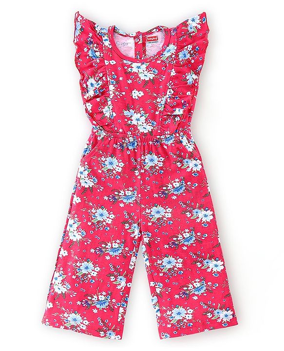 Babyhug 100% Cotton Knit Half Sleeves Jumpsuit with Floral Print - Red