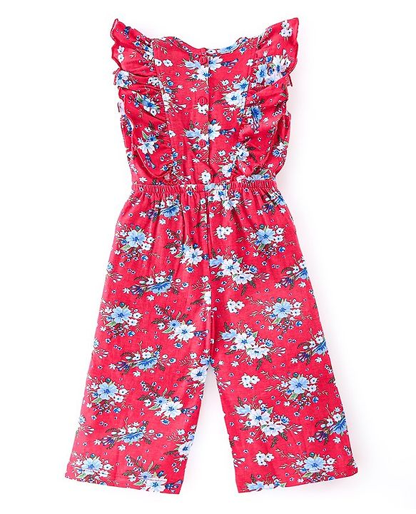 Babyhug 100% Cotton Knit Half Sleeves Jumpsuit with Floral Print - Red