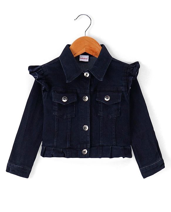 Babyhug Knit Full Sleeves Solid Jacket with Frill Detailing & Floral Printed Frock - Navy Blue & White