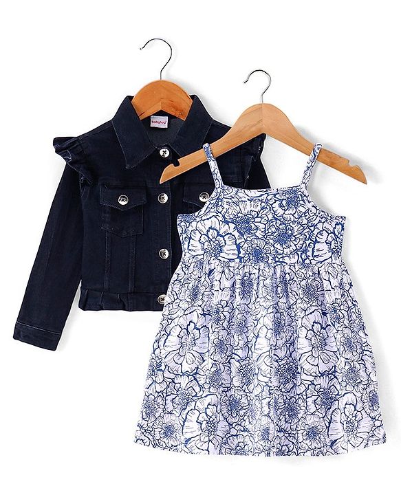 Babyhug Knit Full Sleeves Solid Jacket with Frill Detailing & Floral Printed Frock - Navy Blue & White