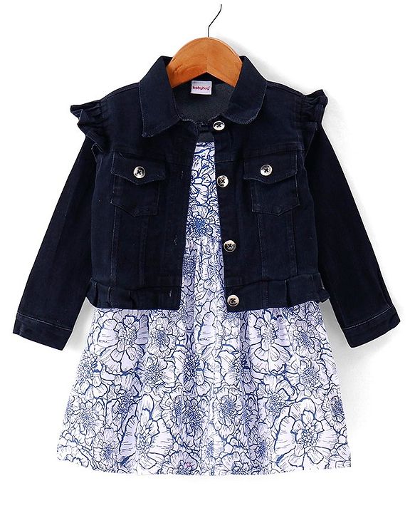 Babyhug Knit Full Sleeves Solid Jacket with Frill Detailing & Floral Printed Frock - Navy Blue & White